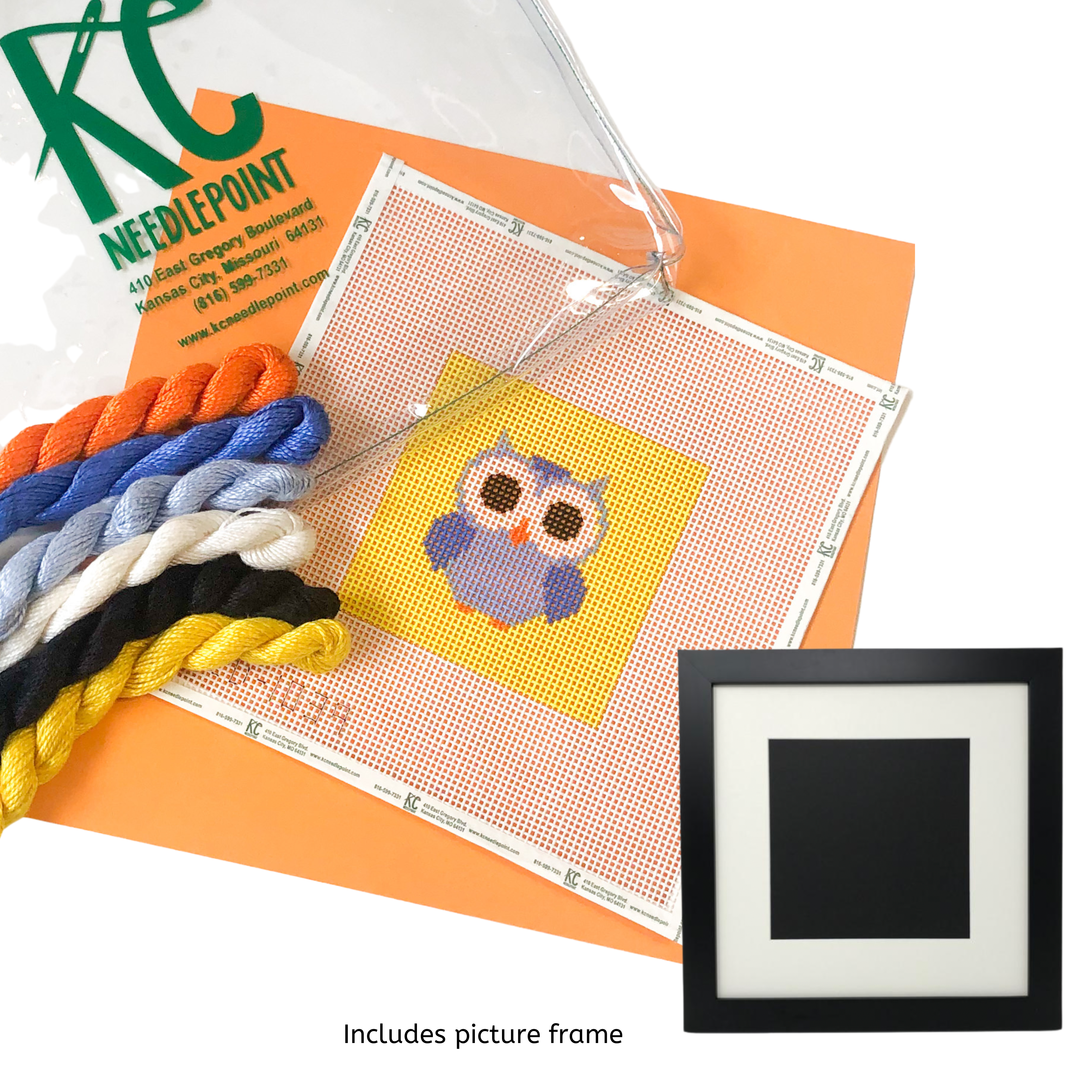 A beginner needlepoint kit of an owl which is suitable for kids and adults  learning how to needlepoint. The design is color-printed onto 10 mesh  canvas and measures 4 x 4. The