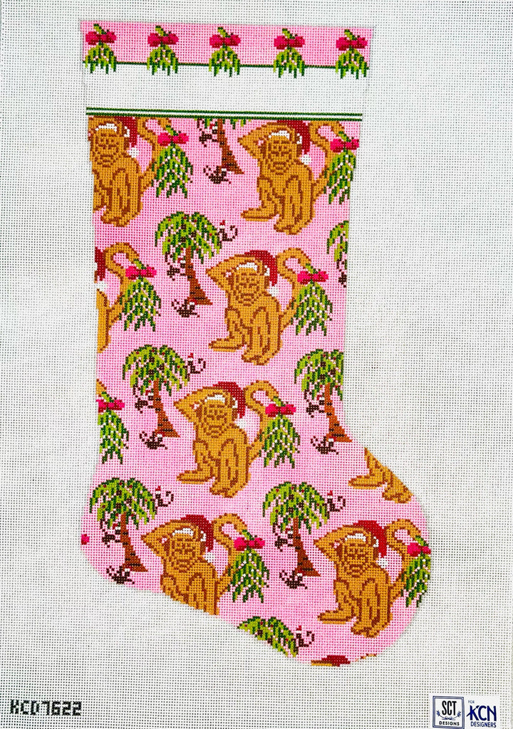 Pink Holiday Monkey Stocking Canvas - KC Needlepoint