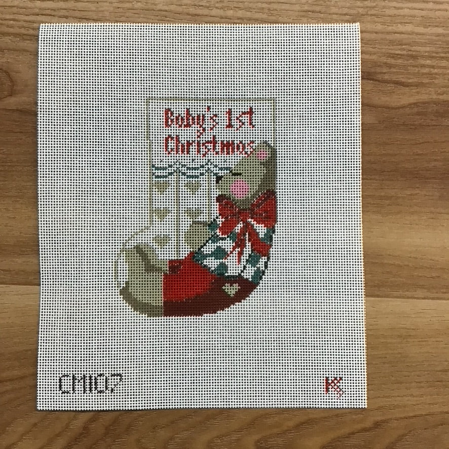 Baby's First Christmas Bear Mini Sock Canvas - KC Needlepoint