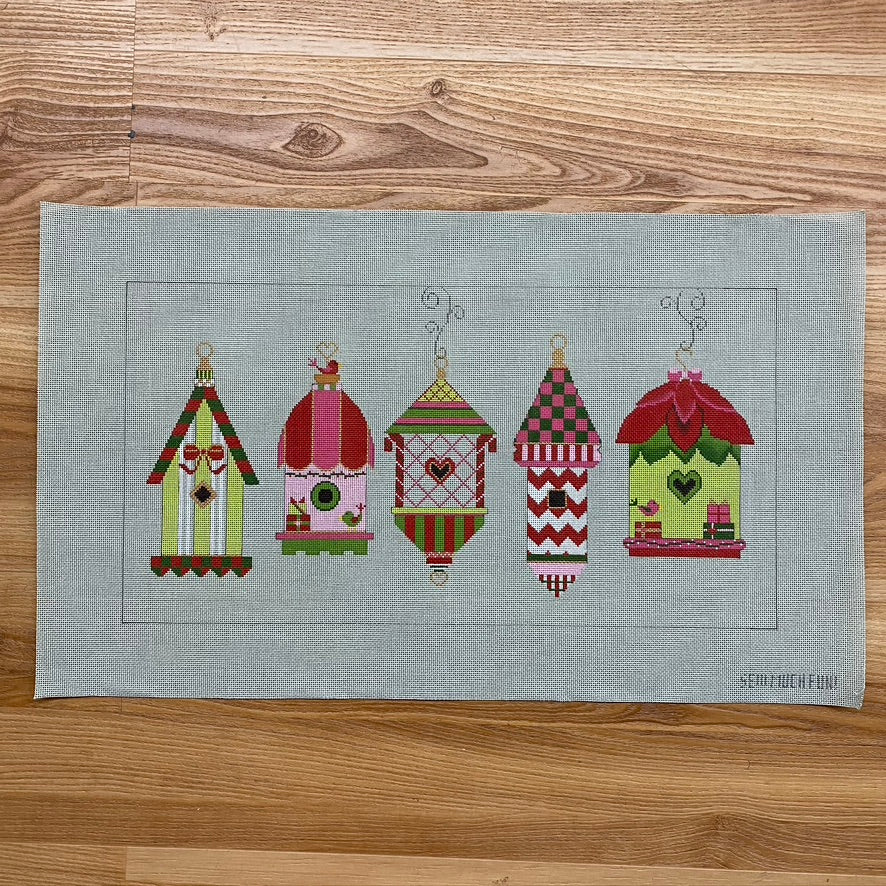 Five Christmas Birdhouses Canvas/Stitch Guide - KC Needlepoint
