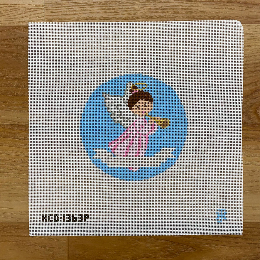 Angel on Blue Round Canvas - KC Needlepoint