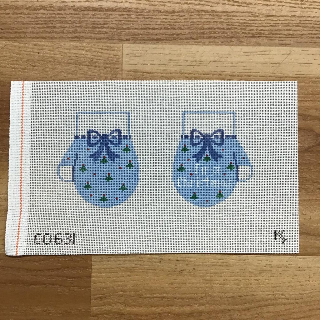 Baby's First Christmas Mittens Blue Canvas - KC Needlepoint