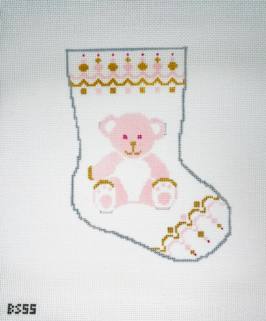 Beary Christmas in Pink Ornament Sized Stocking Canvas - KC Needlepoint