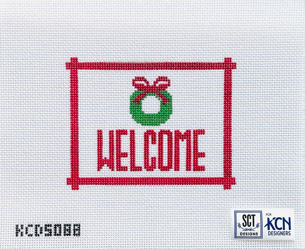Welcome Sign Red with Wreath Canvas - KC Needlepoint