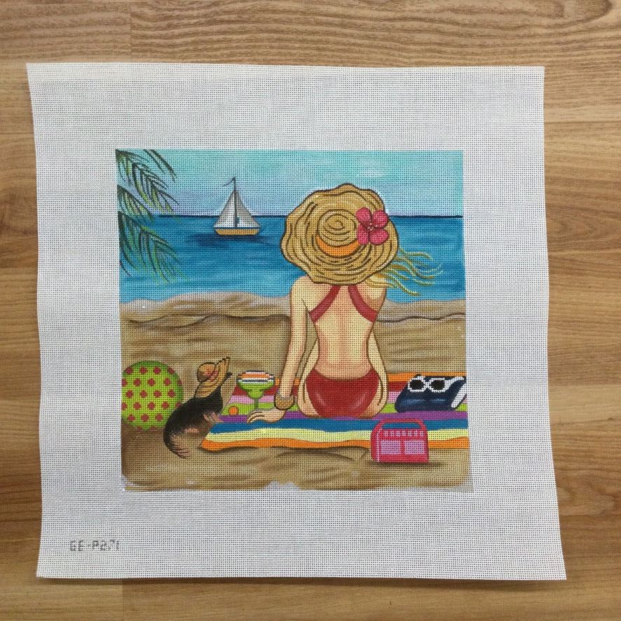 Girl at the Beach Needlepoint Canvas - KC Needlepoint