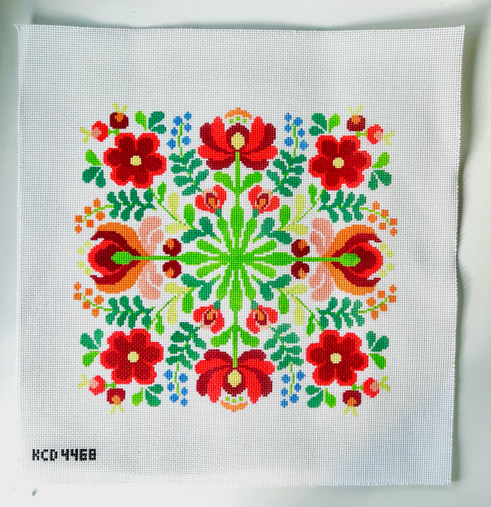 Hungarian Folk Design Red and Green Floral Canvas - KC Needlepoint