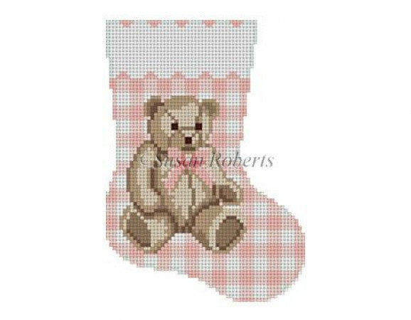 Gingham Teddy Pink Mini Sock Canvas - KC Needlepoint