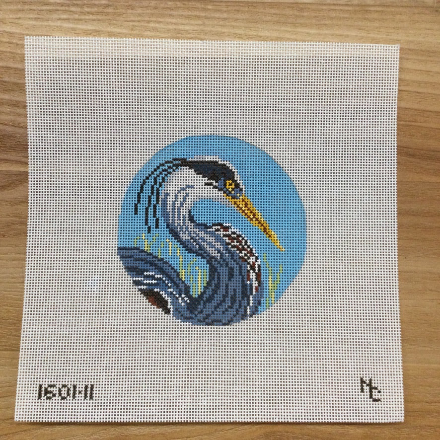 Blue Heron Round Canvas - needlepoint
