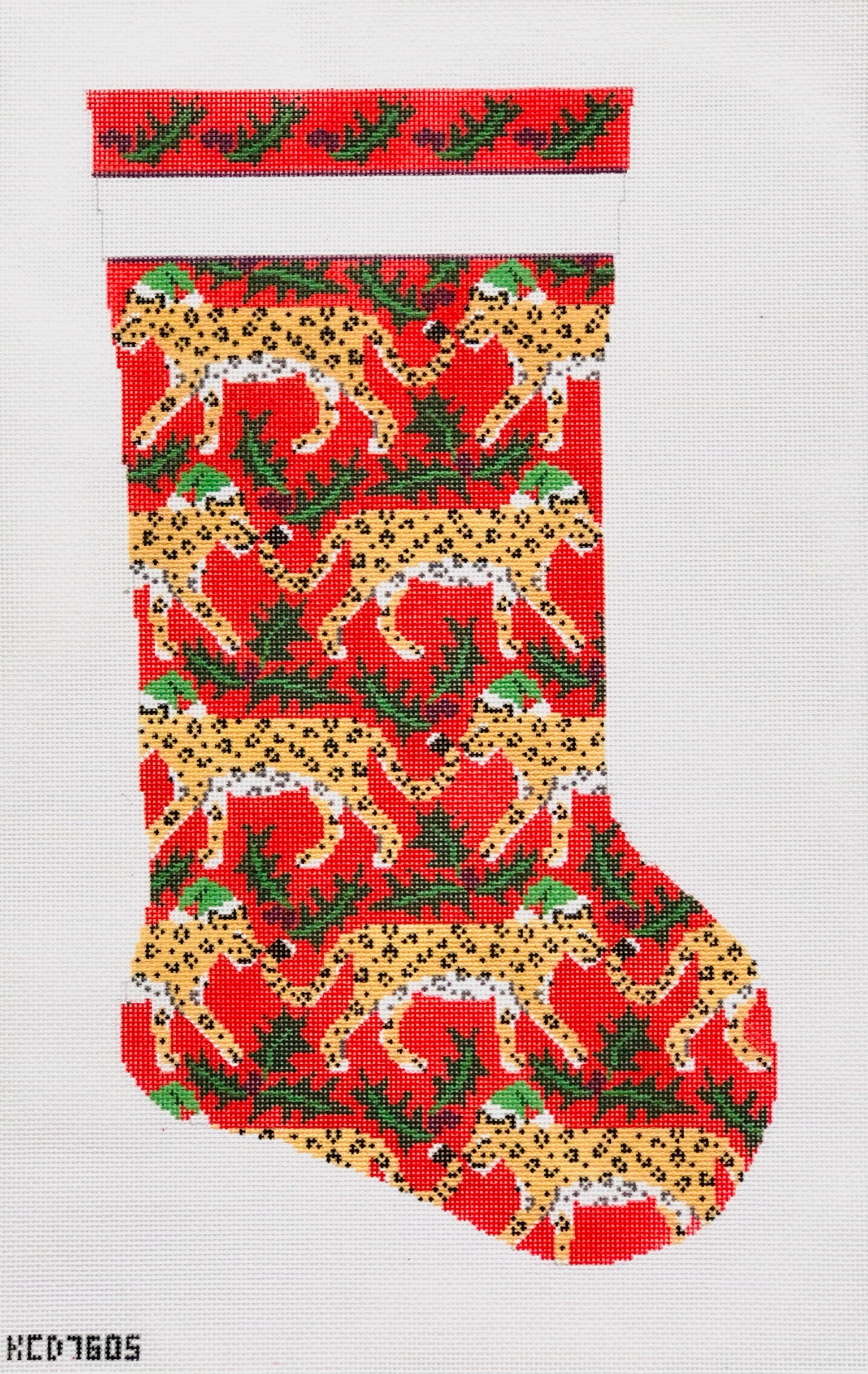 Leopard and Holly Stocking Canvas - KC Needlepoint
