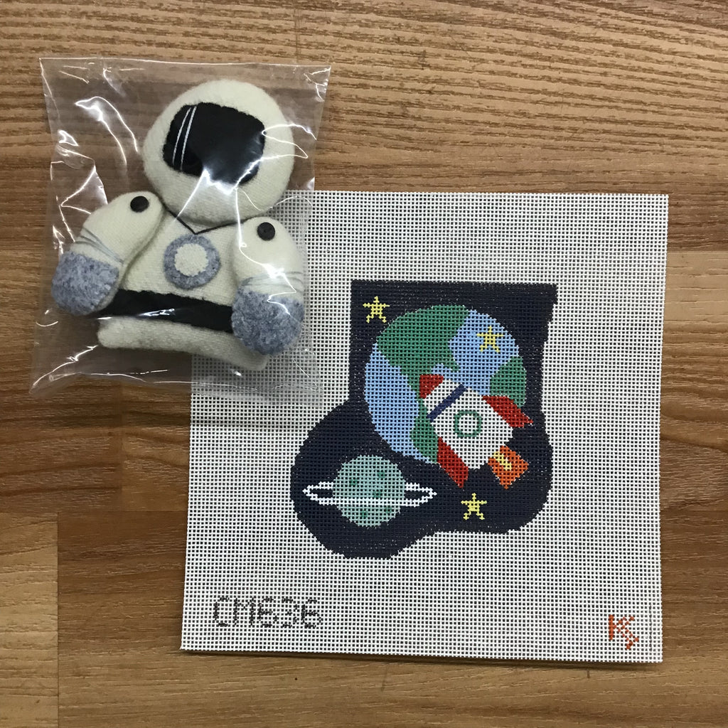 Spaceship with Astronaut Mini Sock Canvas - KC Needlepoint