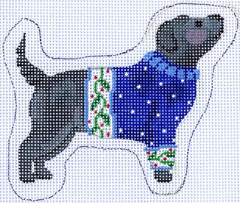 Black Dog in Blue Sweater Canvas - KC Needlepoint