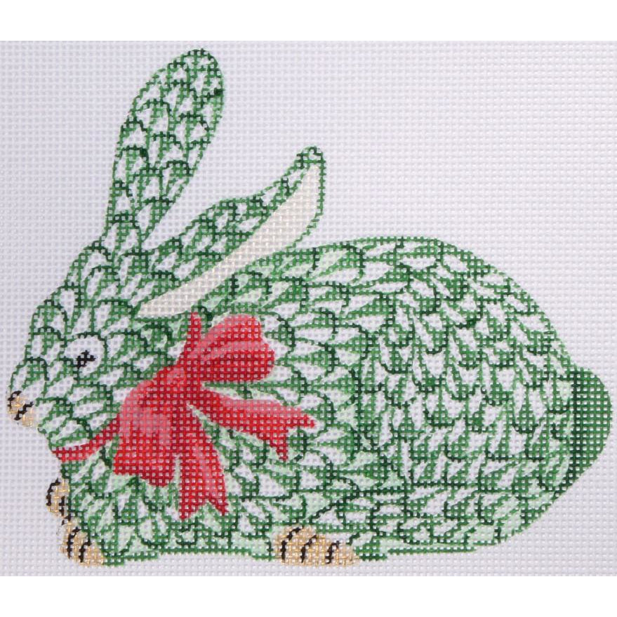 Herend Green Bunny with Bow Needlepoint Ornament Canvas - KC Needlepoint