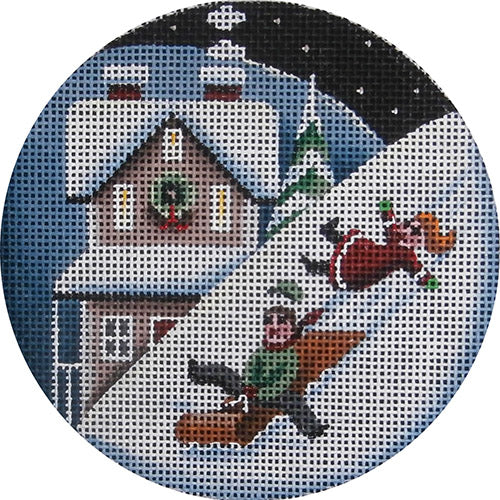 Sleds and Snow Round Canvas - KC Needlepoint