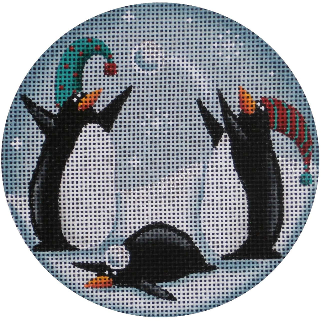 Penguin Snowballs Round Canvas - KC Needlepoint