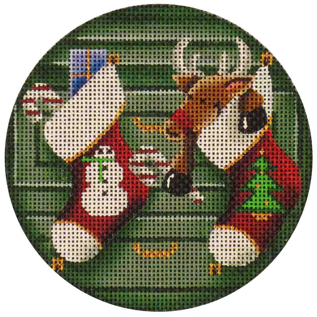 Reindeer in a Sock Round Canvas - KC Needlepoint