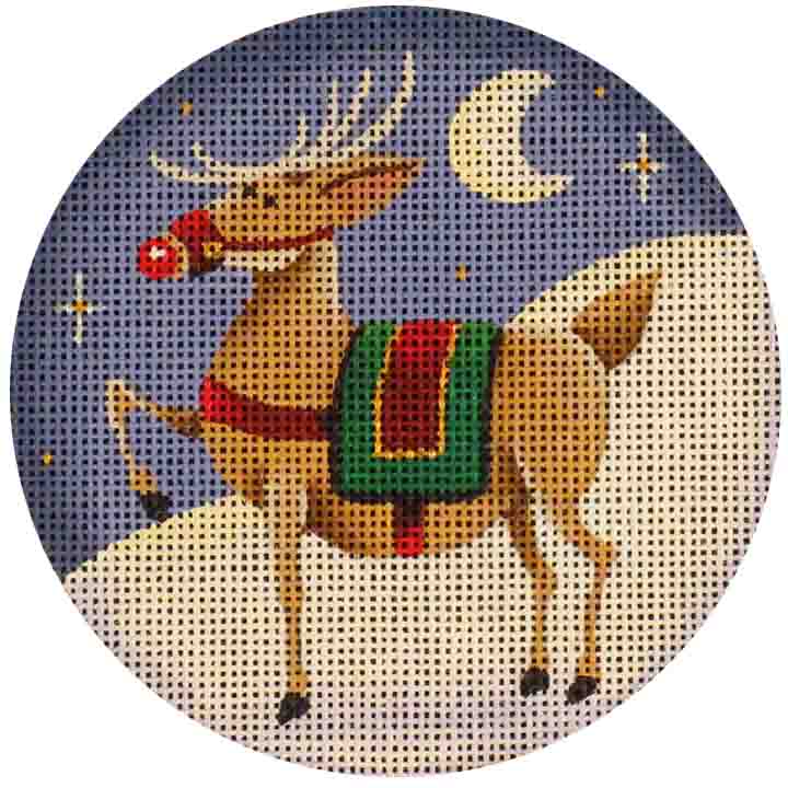 Rudolph on the Ground Round Canvas - KC Needlepoint