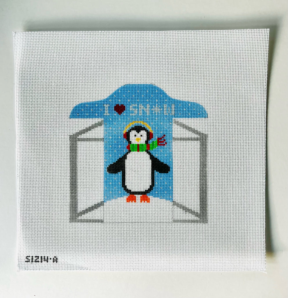 I Love Snow Penguin Sled Canvas - KC Needlepoint