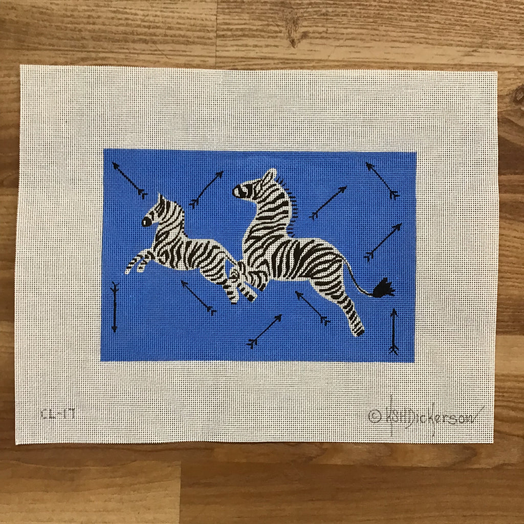 Blue Leaping Zebra and Arrows Canvas - KC Needlepoint