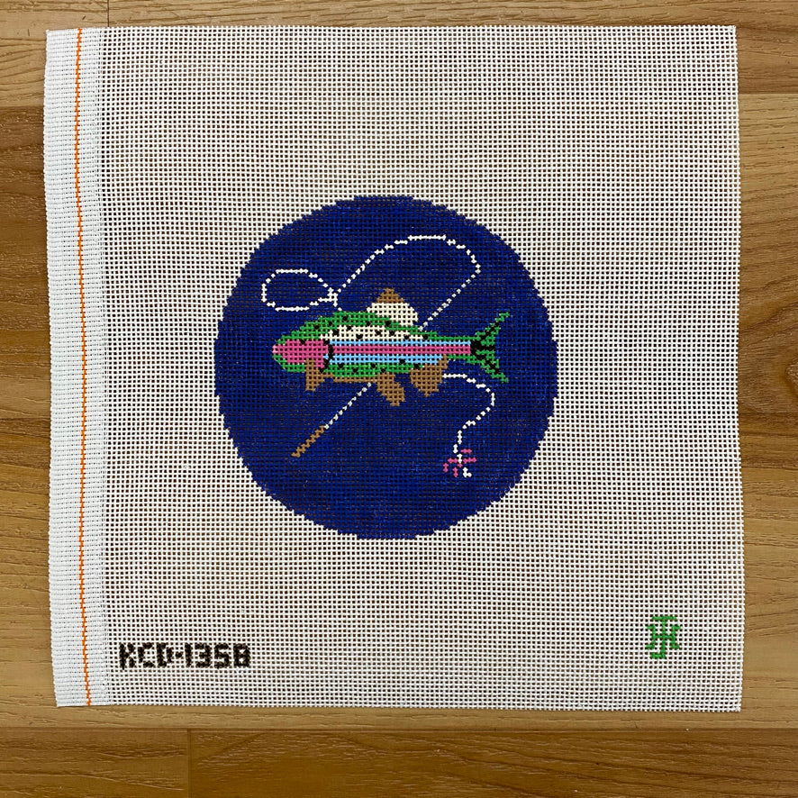 Fish with Rod on Blue Ornament Canvas - KC Needlepoint