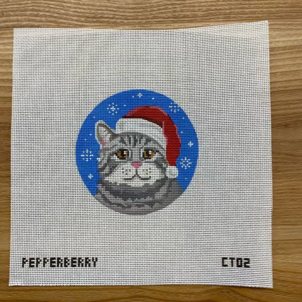 Grey Tabby Santa Ornament Canvas - needlepoint