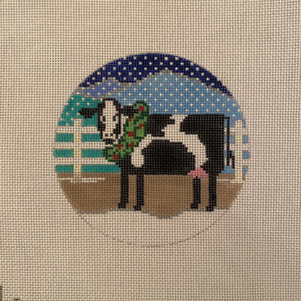Cow with Wreath Round Needlepoint Canvas - KC Needlepoint