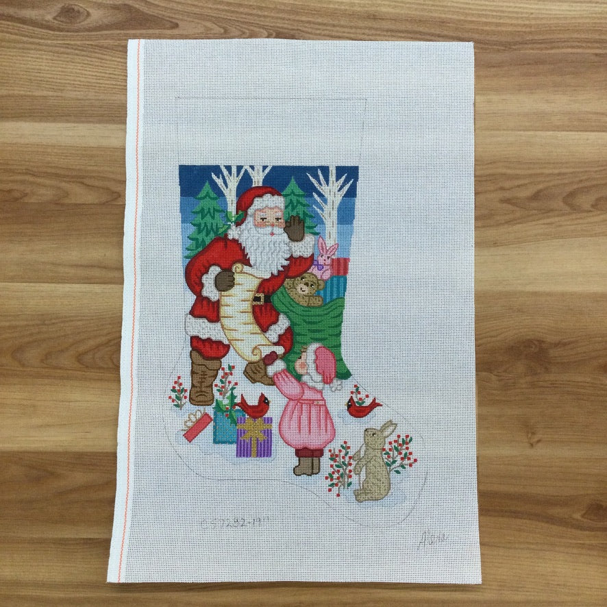 Santa with List Girl Stocking Canvas 19" - KC Needlepoint