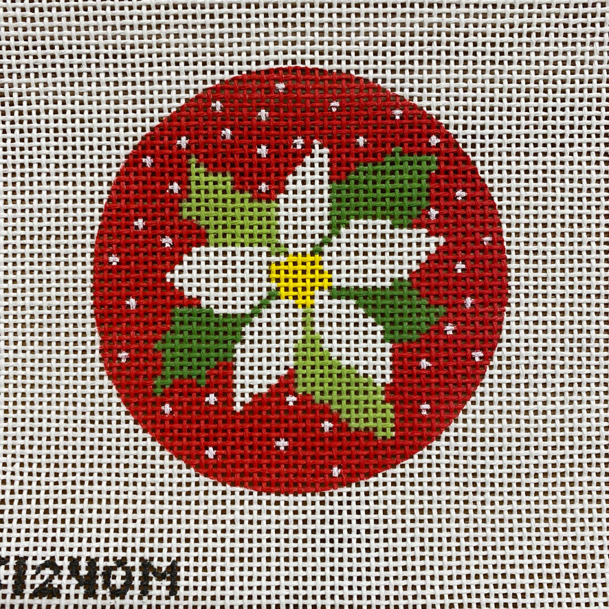 White Flower on Red Round Canvas - KC Needlepoint