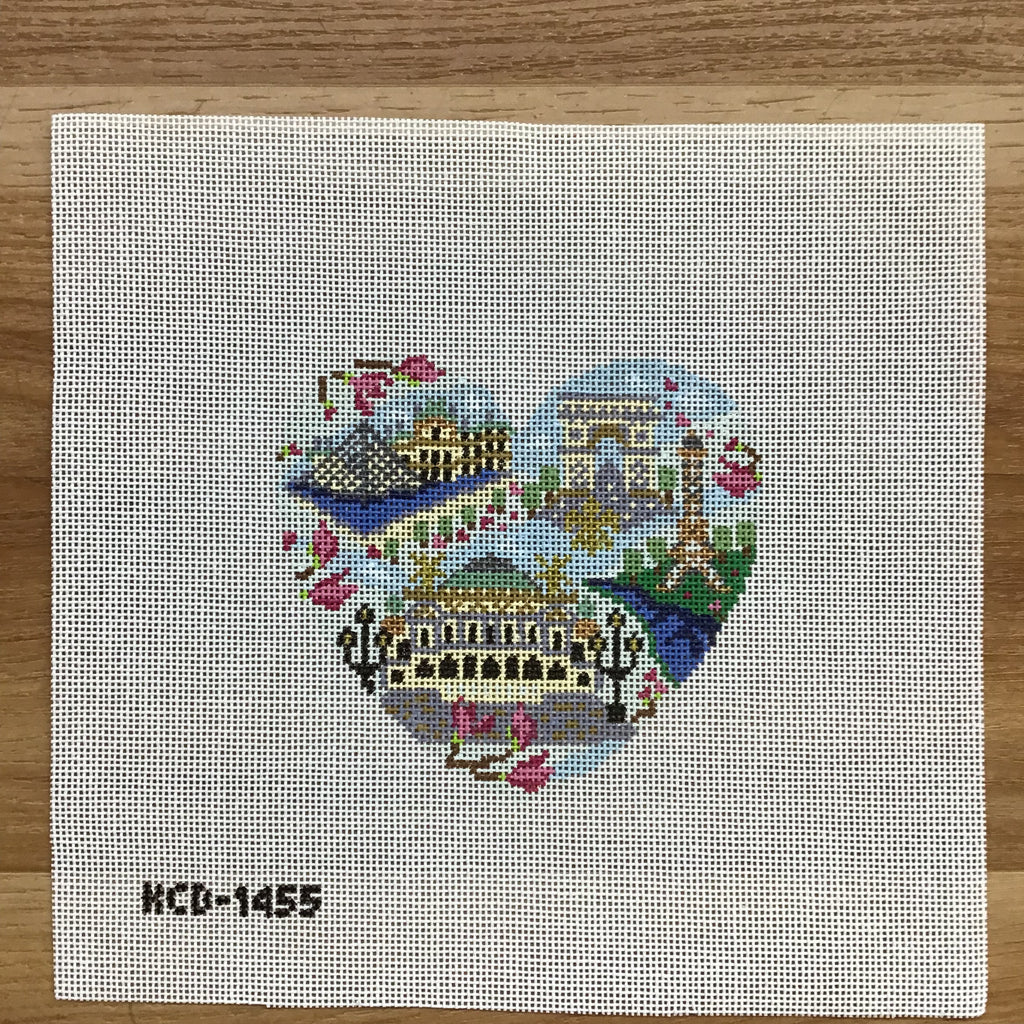 Paris Travel Heart Canvas - KC Needlepoint