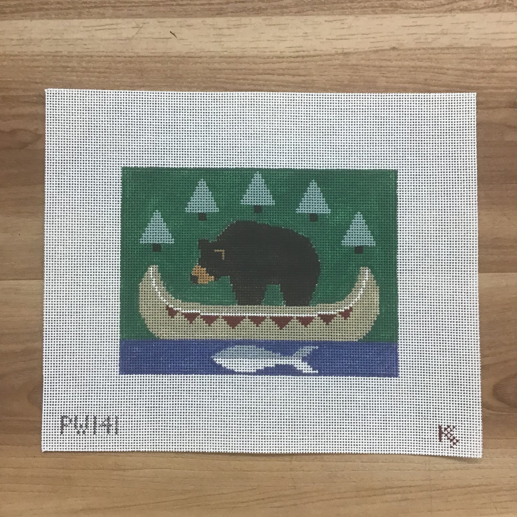 Bear with Indian Canoe Pillow Canvas - KC Needlepoint