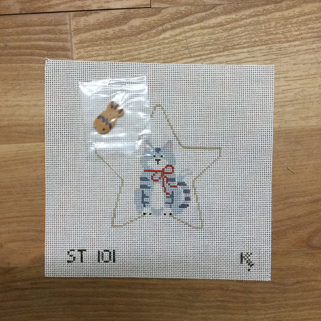 Tabby Cat with Fish Star Canvas - KC Needlepoint