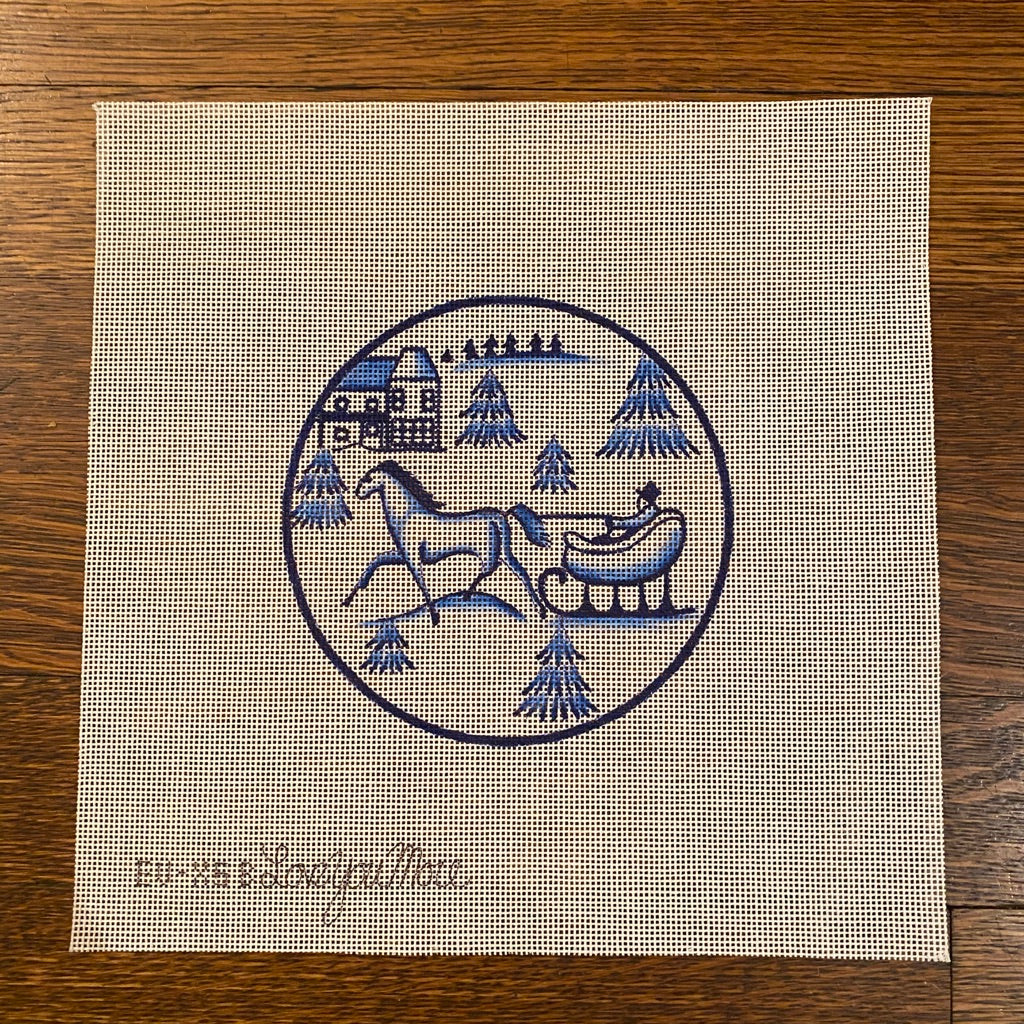 Toile Horse and Sled Blue Canvas - needlepoint