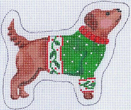Brown Dog in Green Sweater Canvas - KC Needlepoint