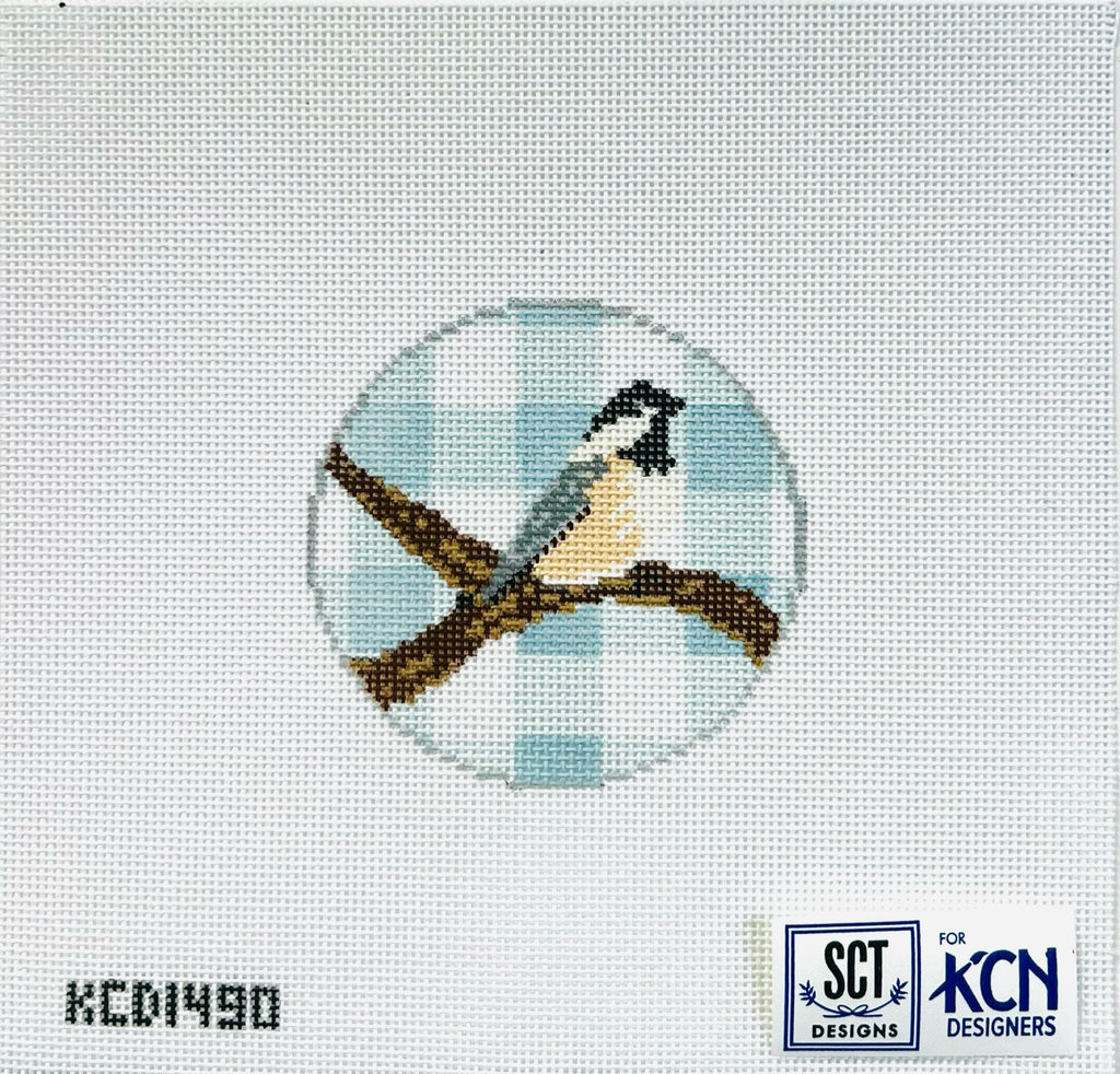 Gingham Round Chickadee Canvas - KC Needlepoint