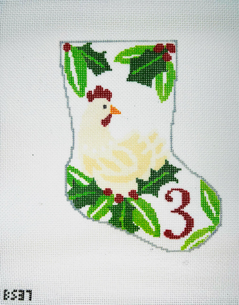 Three French Hens Ornament Sized Stocking Canvas - KC Needlepoint