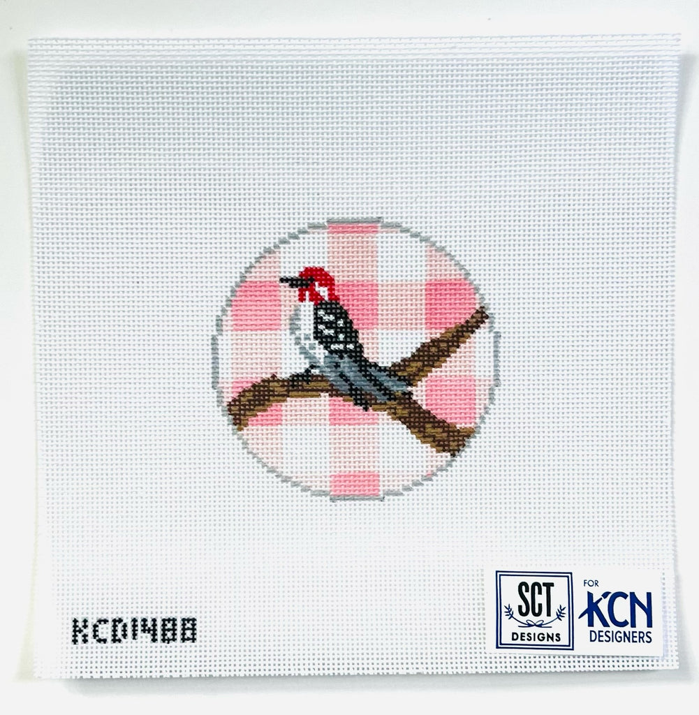 Gingham Round Woodpecker Canvas - KC Needlepoint