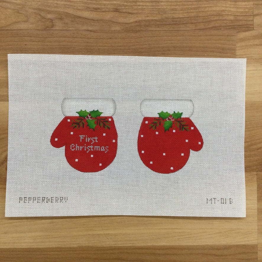 Red First Christmas Mittens Canvas - needlepoint