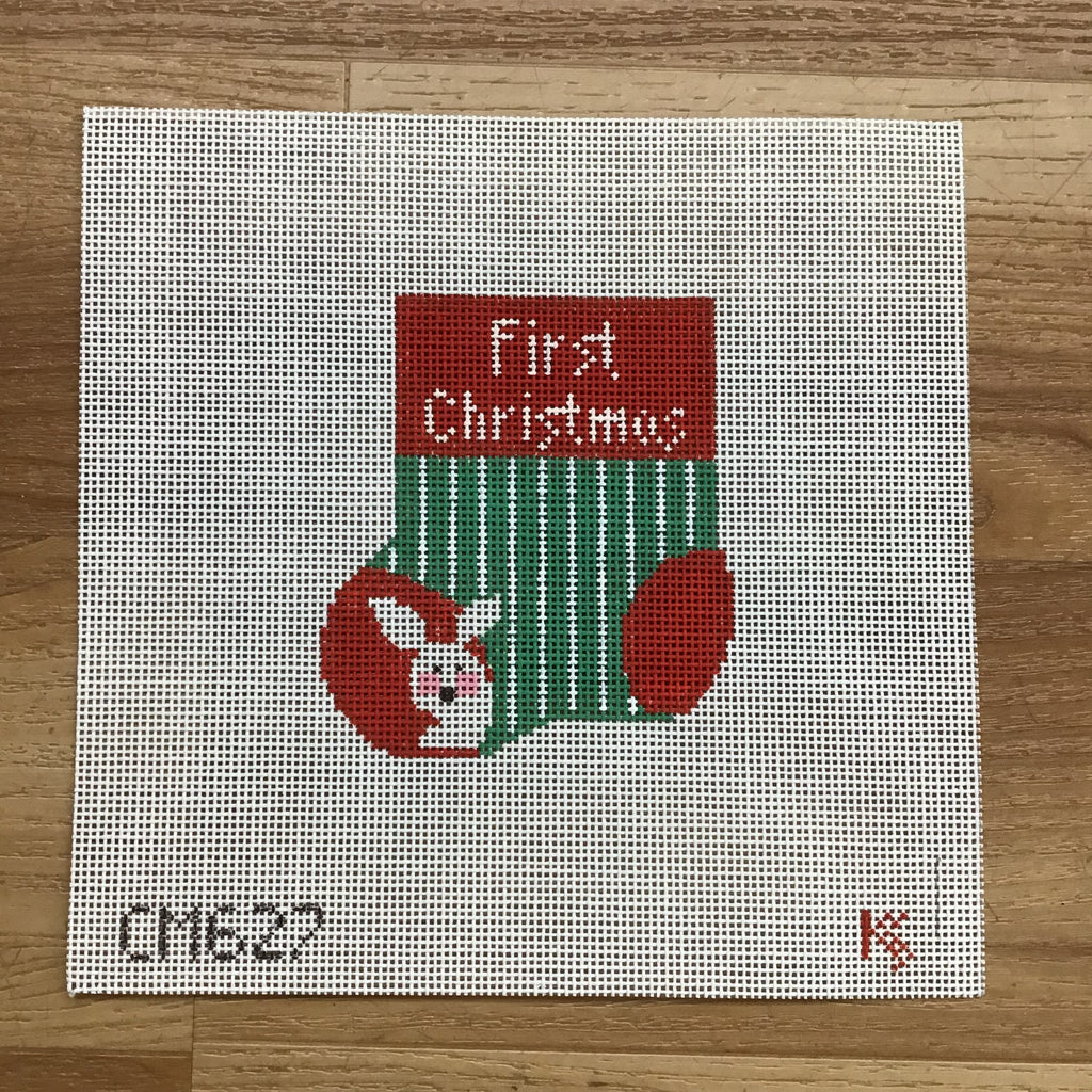 Baby's First Christmas Red and Green Mini Sock Canvas - KC Needlepoint