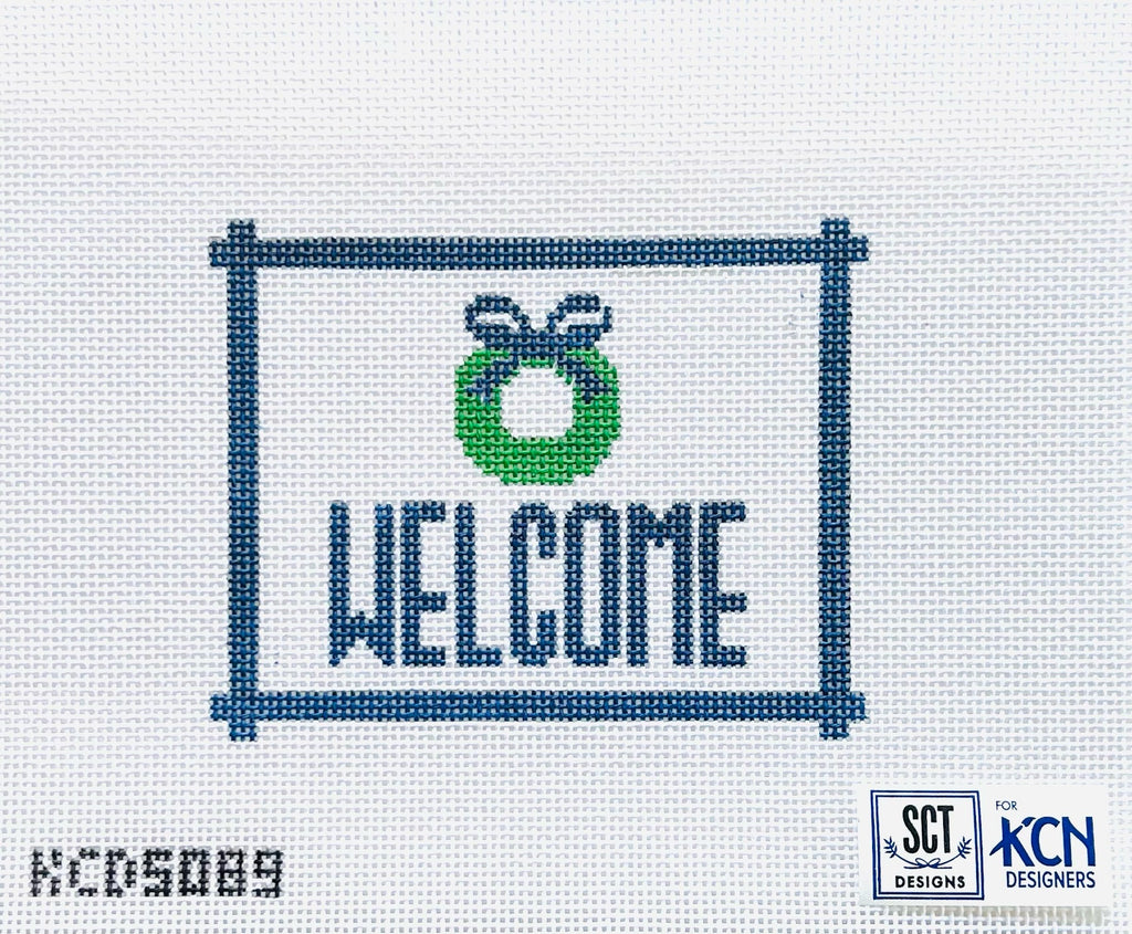 Welcome Sign Blue with Wreath Canvas - KC Needlepoint