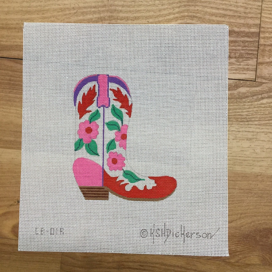 Pink and Red Flowers Cowboy Boot Canvas - KC Needlepoint