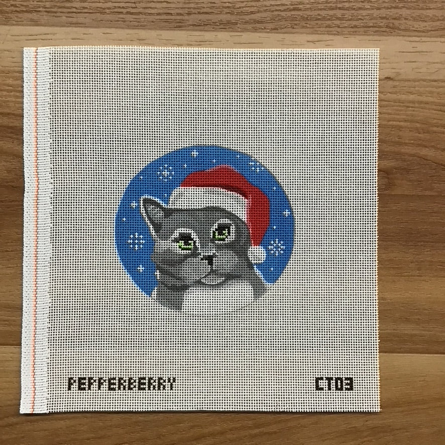 Gray Cat Santa Ornament Canvas - KC Needlepoint