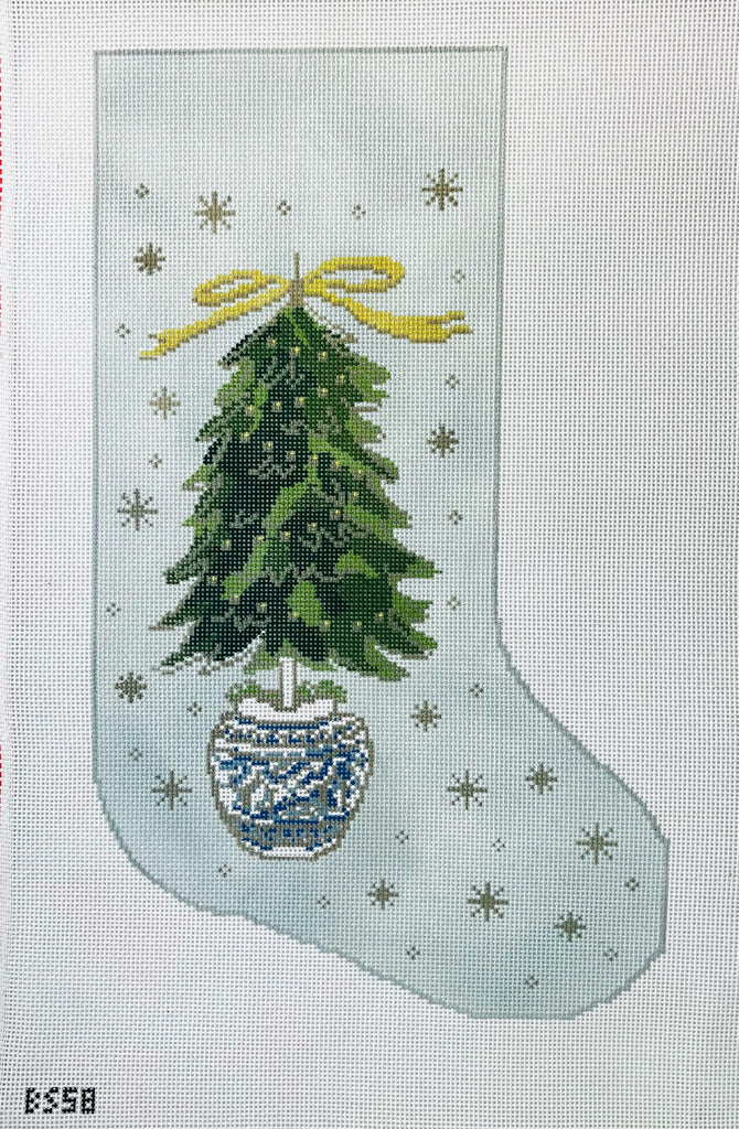 Topiary Christmas Tree Blue Stocking Canvas - KC Needlepoint