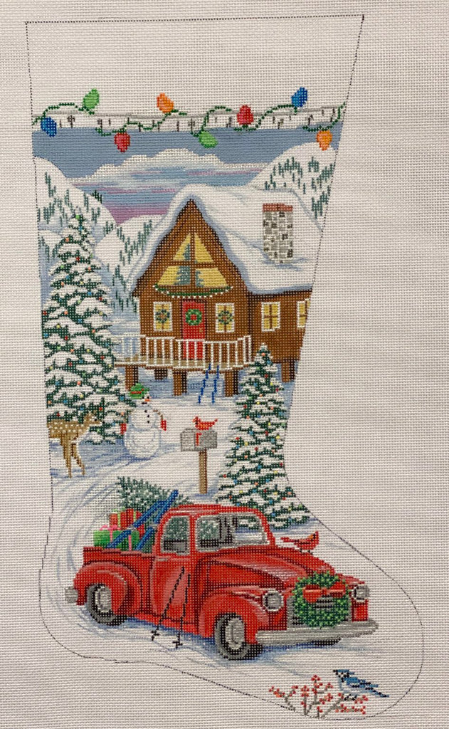 Red Truck Ski Cabin Stocking Canvas - KC Needlepoint
