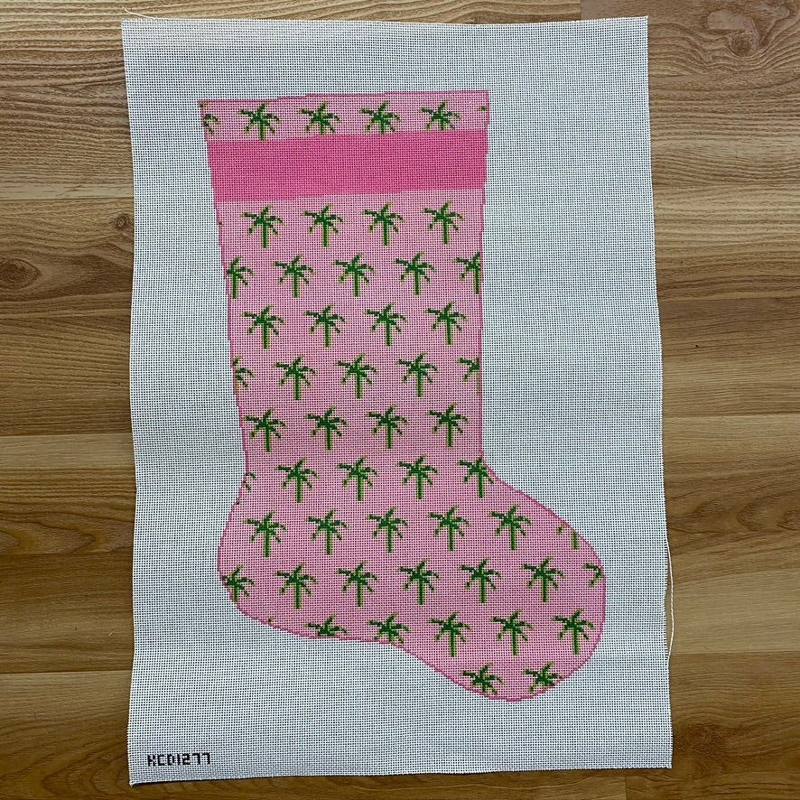 Pink Palm Stocking Canvas - KC Needlepoint
