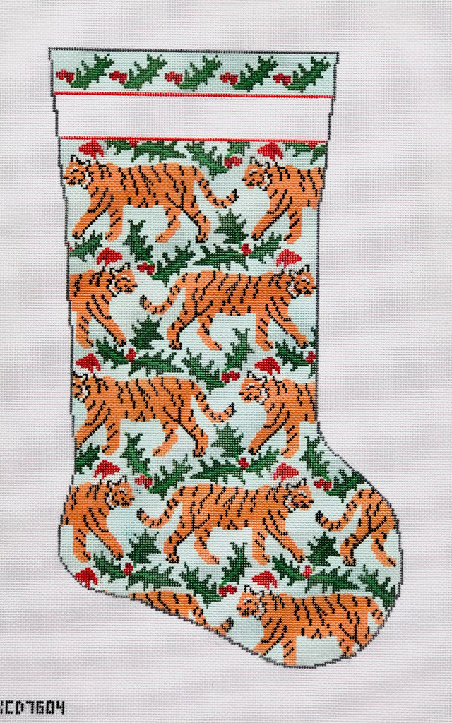 Tiger and Holly Stocking Canvas - KC Needlepoint