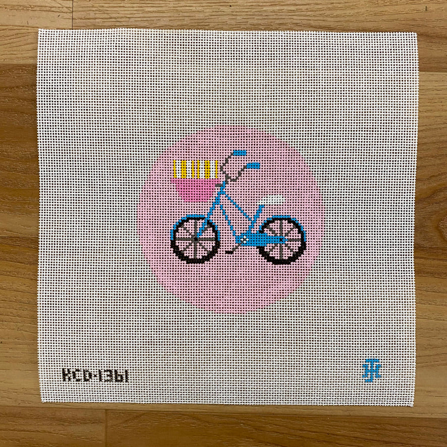 Bicycle with Basket on Pink Ornament Canvas - KC Needlepoint