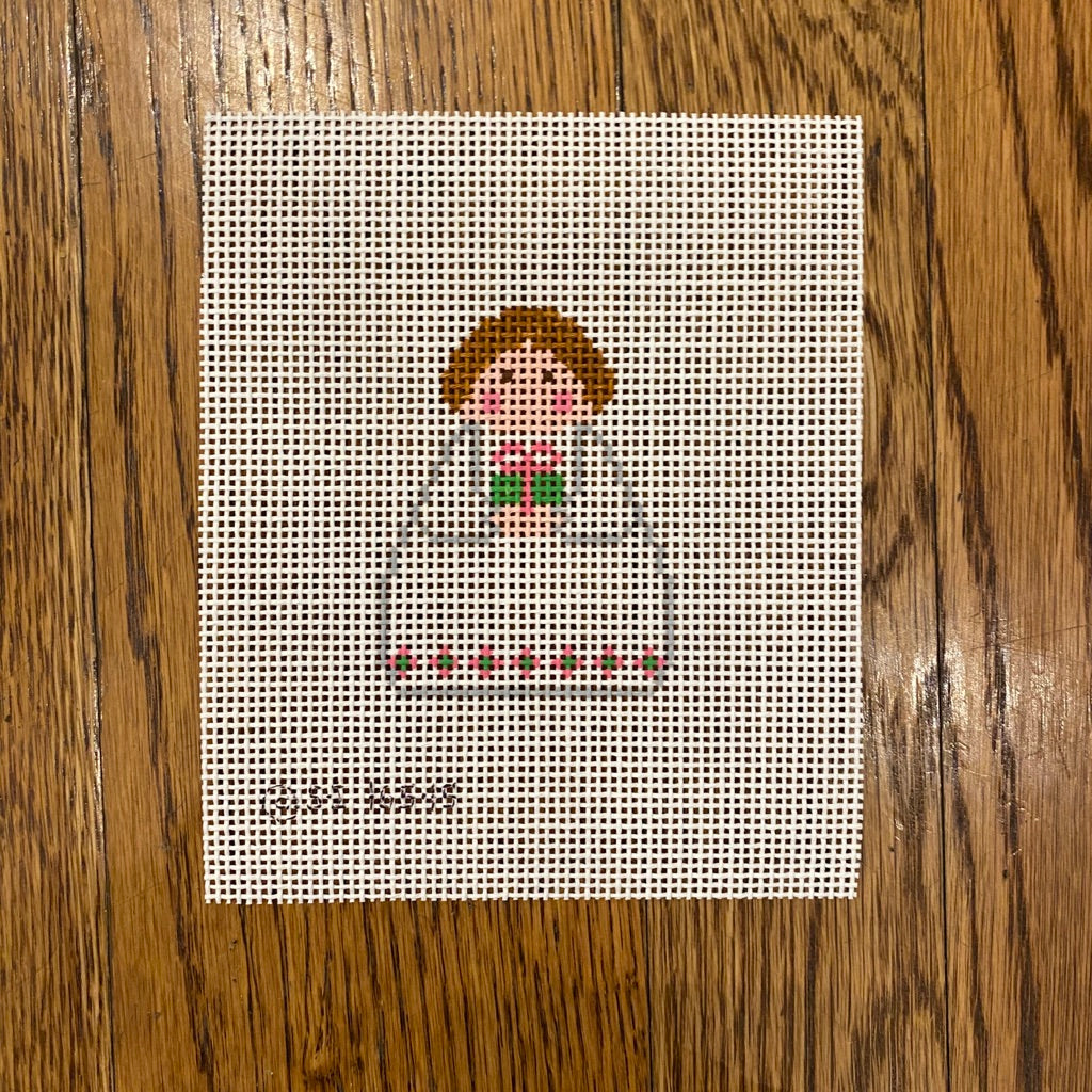 White Angel with Pink and Green Present Canvas - KC Needlepoint