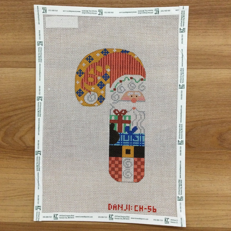 Santa with Present Candy Cane Canvas - KC Needlepoint