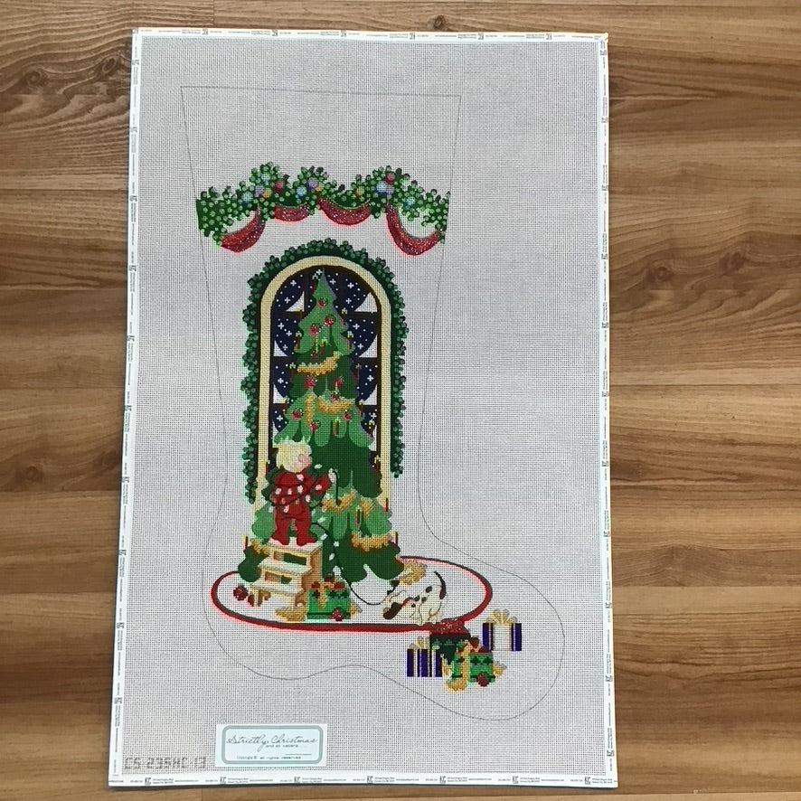 Child Decorating Tree with Puppy Stocking Canvas - KC Needlepoint
