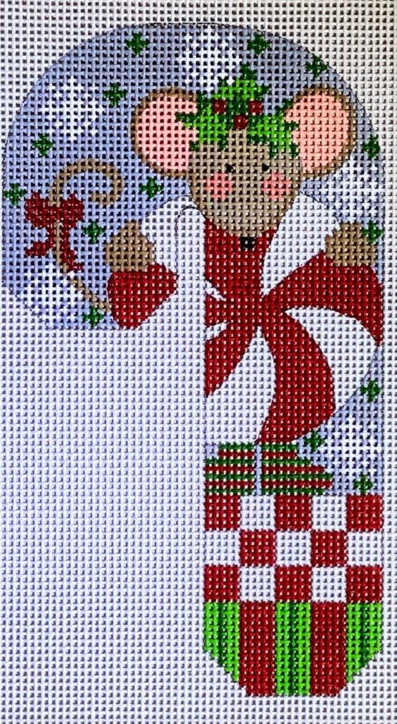 Mouse with Peppermint Candy Cane Canvas - KC Needlepoint