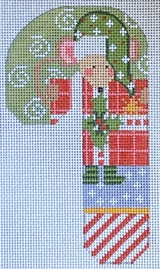 Mouse with Present Candy Cane Canvas - KC Needlepoint